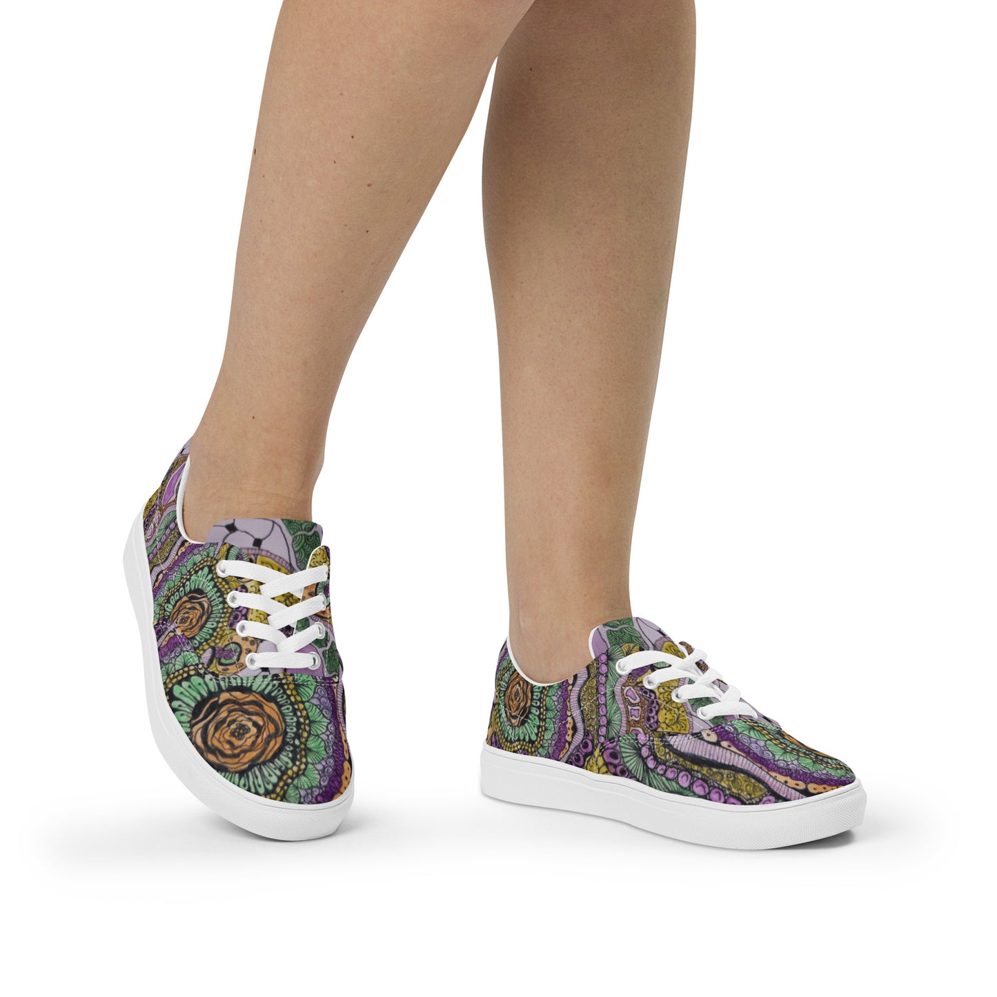 Women’s Lace-up Canvas Shoes - Zen Floral Bliss, Colorful Zentangle Artwork