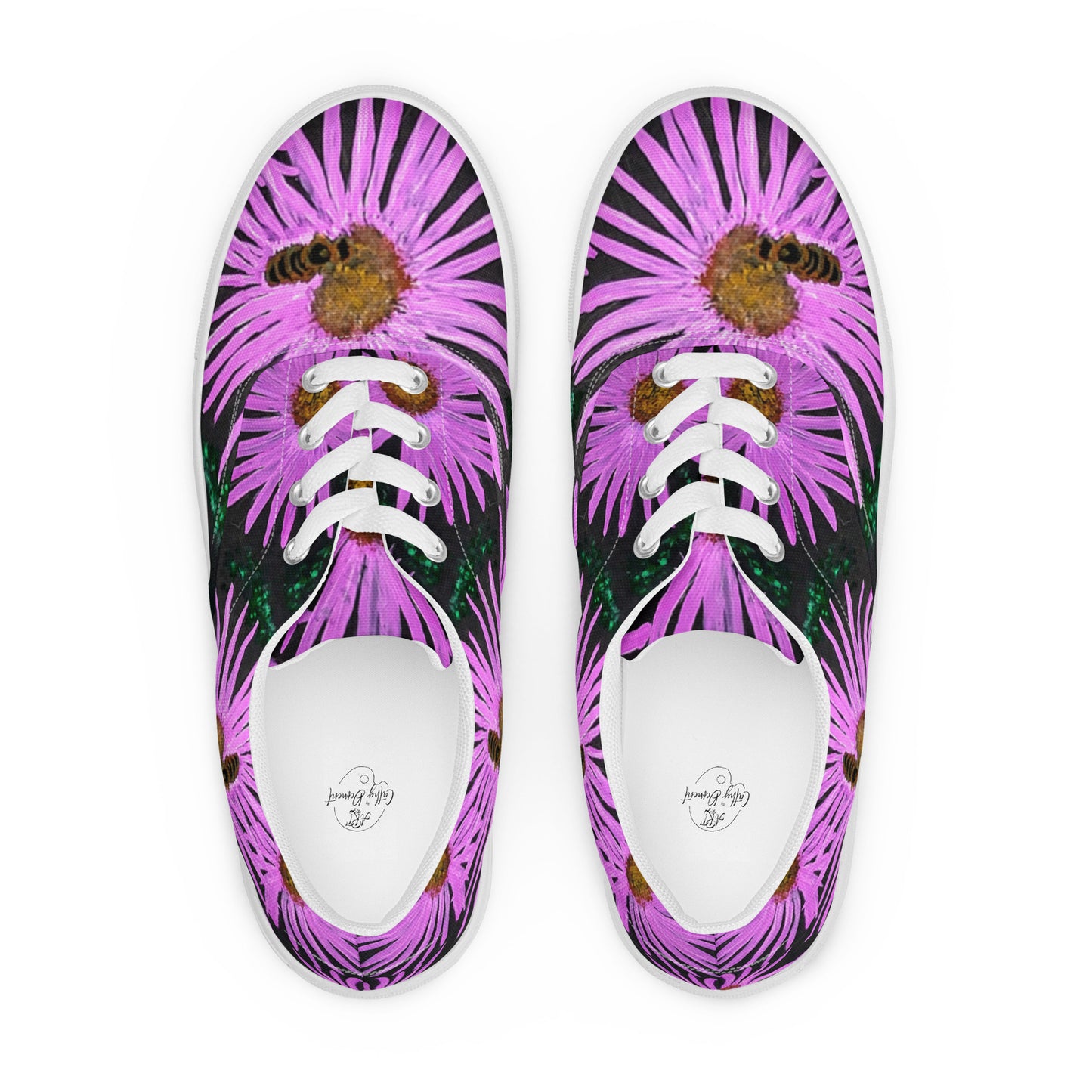 Women’s lace-up Canvas Shoes - Purple Aster Flowers with Bee Artwork, Floral Art