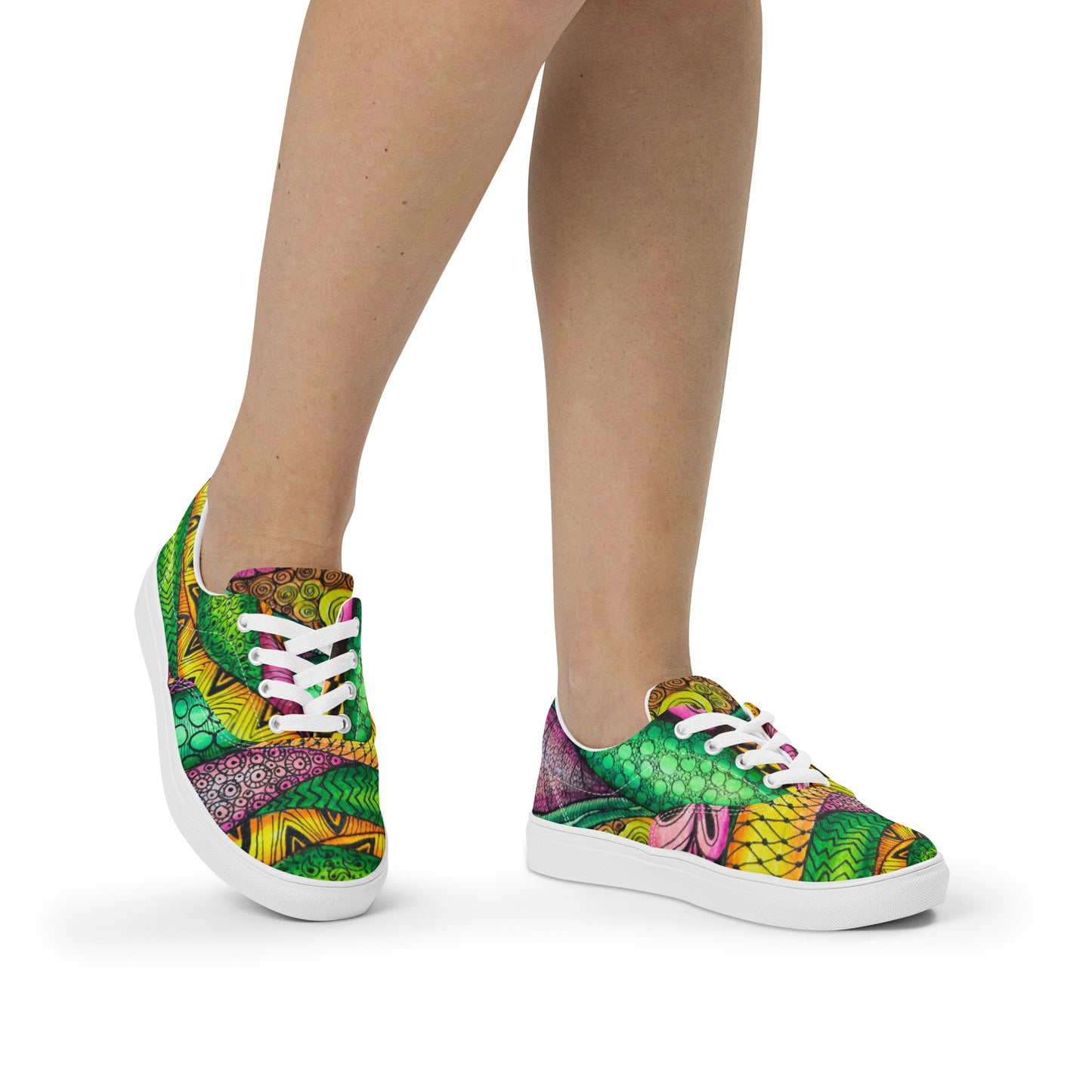 Women’s Lace-up Canvas Shoes - Zen Bloom - Colorful Zentangle Artwork Design