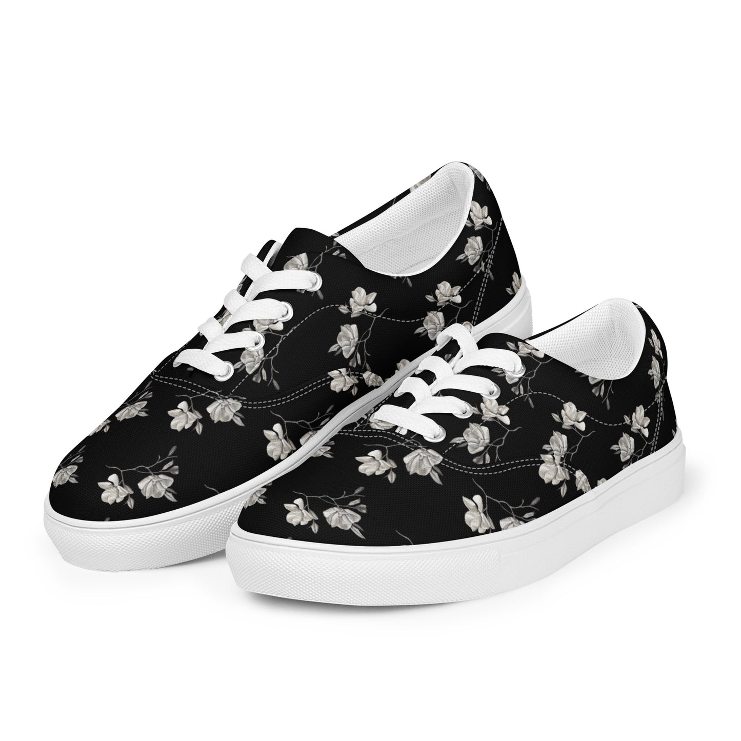 Women’s lace-up canvas shoes - Midnight Magnolias - Monochrome Floral Artwork Design, Wearable Art