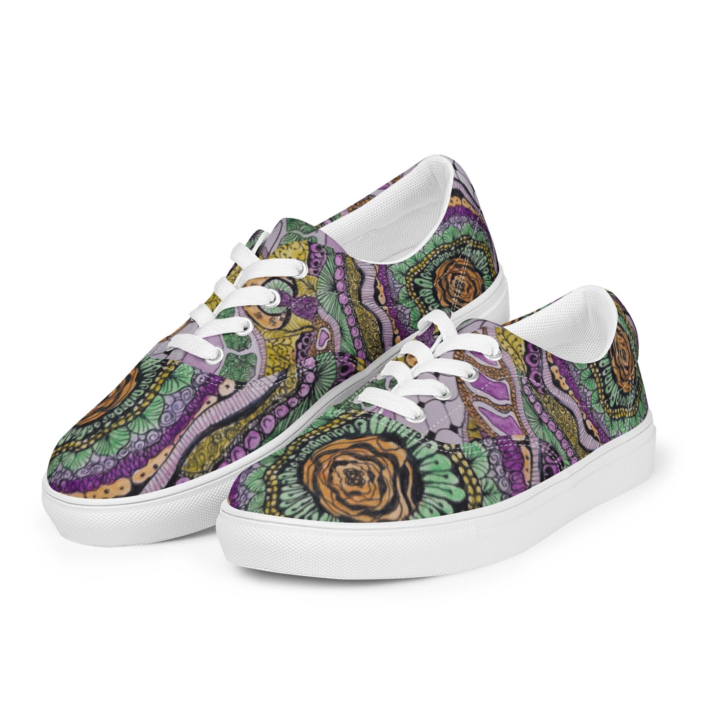 Women’s Lace-up Canvas Shoes - Zen Floral Bliss, Colorful Zentangle Artwork