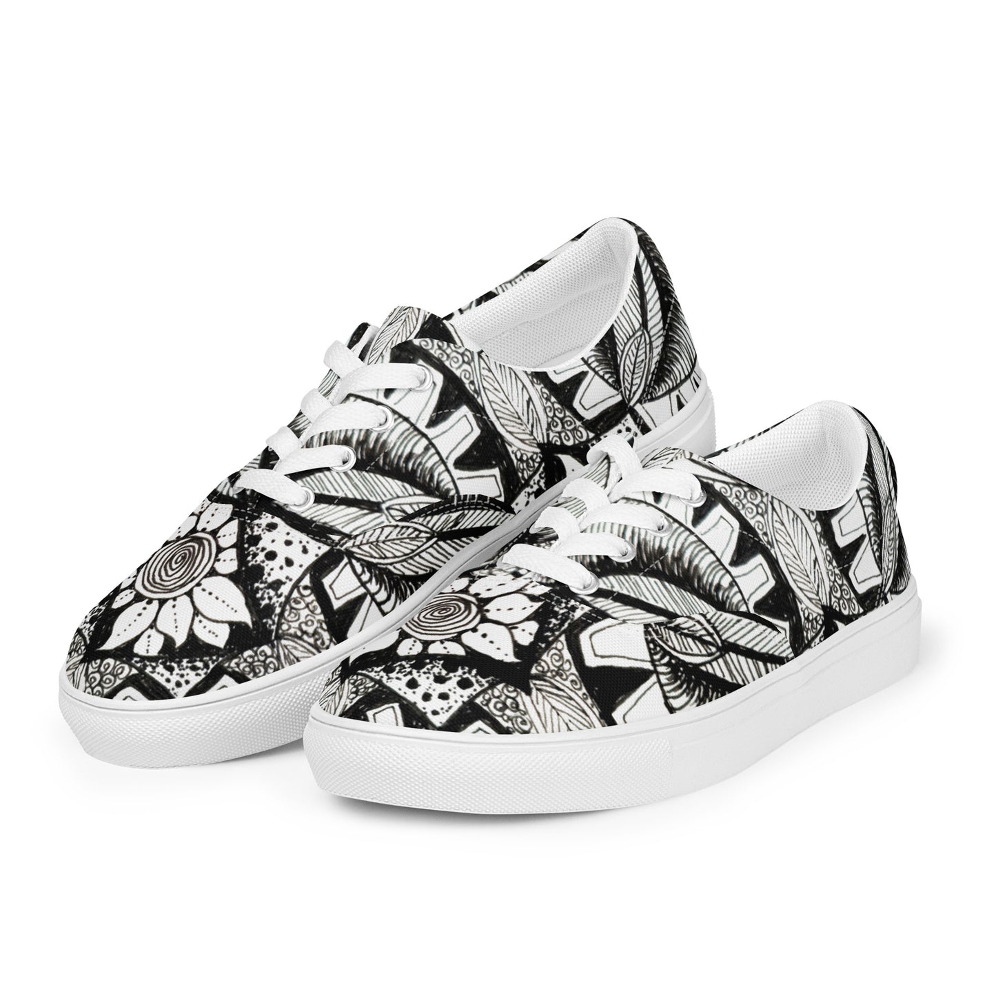 Women’s lace-up Canvas Shoes - Zen-Dala - Monochrome Zentangle Artwork Design