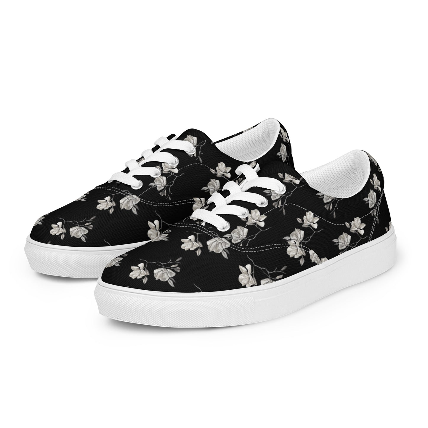 Women’s lace-up canvas shoes - Midnight Magnolias - Monochrome Floral Artwork Design, Wearable Art