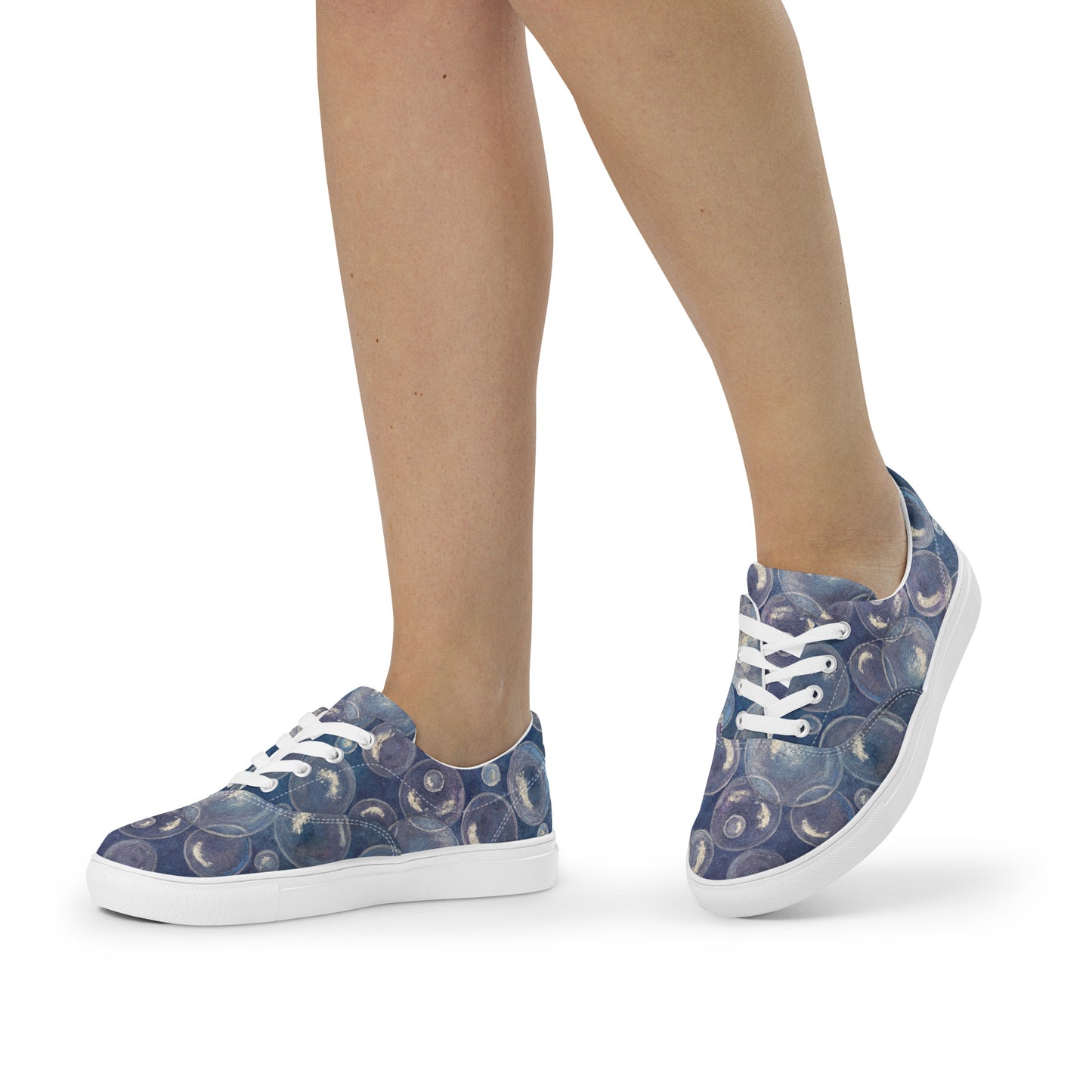 Women’s Lace-up Canvas Shoes - Tranquil Reflections: Blue and White Reflective Bubble Design Sneakers