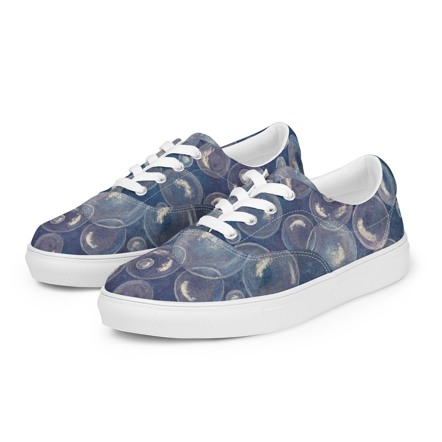 Women’s Lace-up Canvas Shoes - Tranquil Reflections: Blue and White Reflective Bubble Design Sneakers