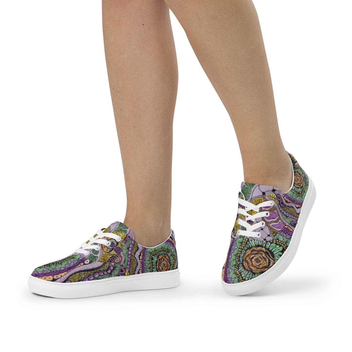 Women’s Lace-up Canvas Shoes - Zen Floral Bliss, Colorful Zentangle Artwork