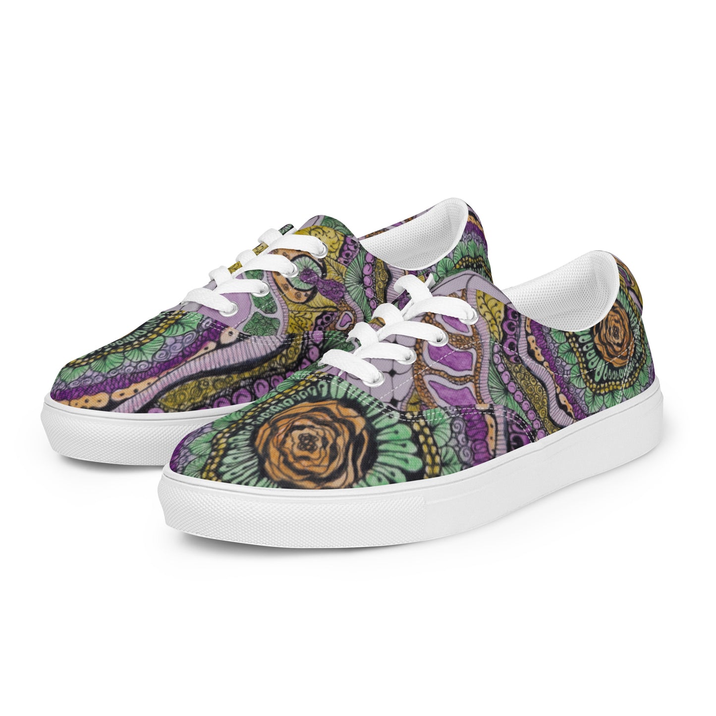 Women’s Lace-up Canvas Shoes - Zen Floral Bliss, Colorful Zentangle Artwork