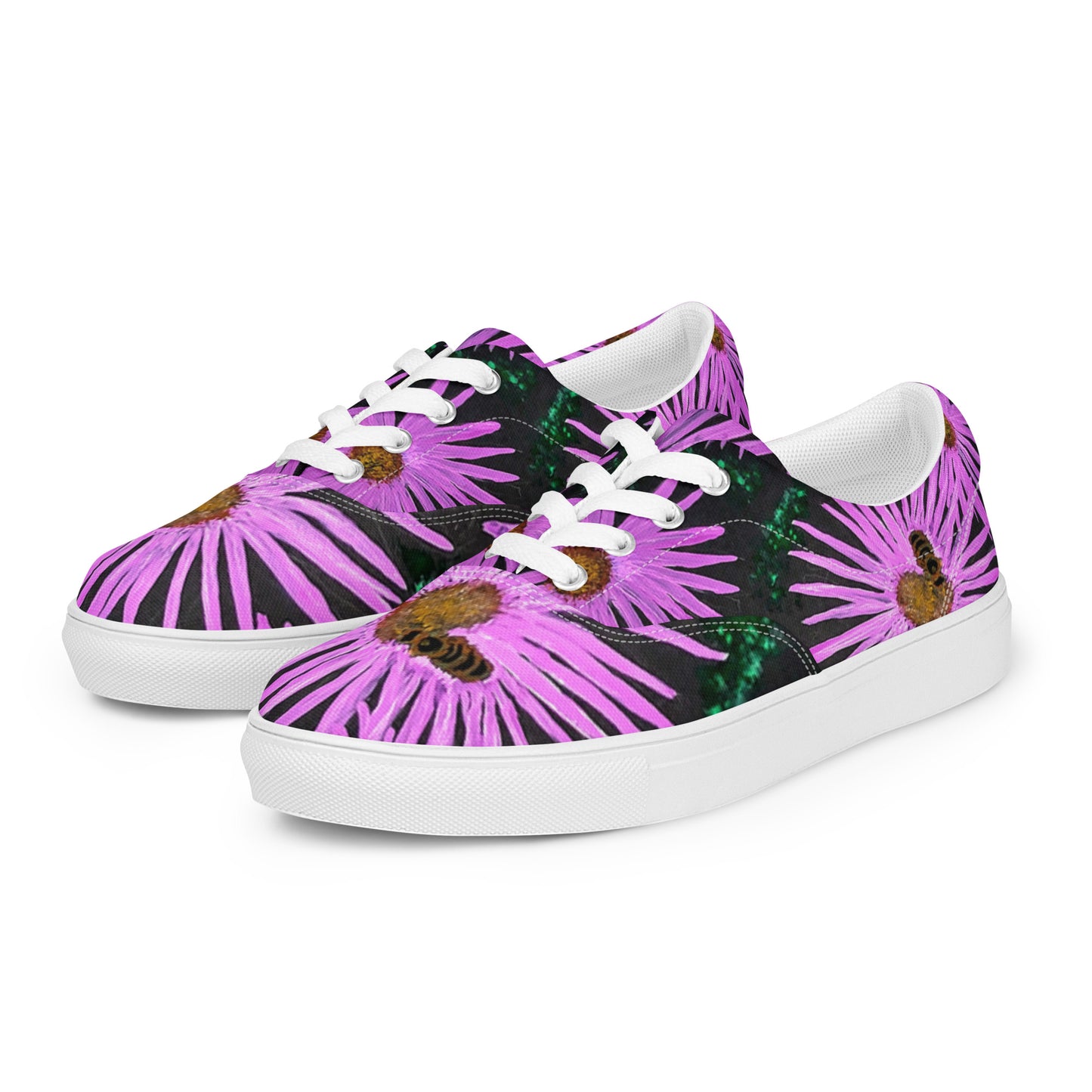 Women’s lace-up Canvas Shoes - Purple Aster Flowers with Bee Artwork, Floral Art