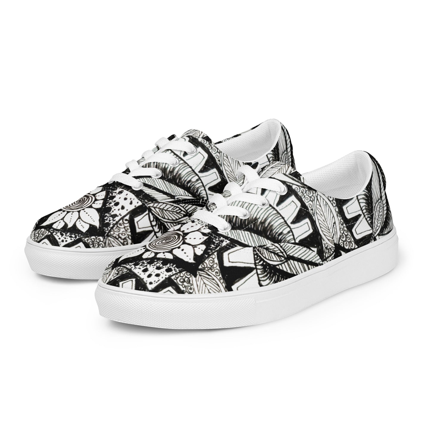 Women’s lace-up Canvas Shoes - Zen-Dala - Monochrome Zentangle Artwork Design