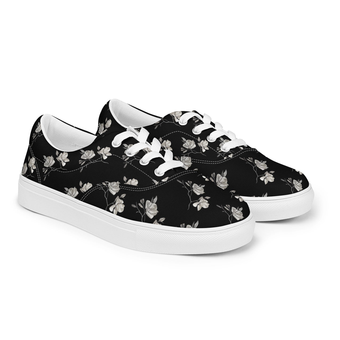 Women’s lace-up canvas shoes - Midnight Magnolias - Monochrome Floral Artwork Design, Wearable Art