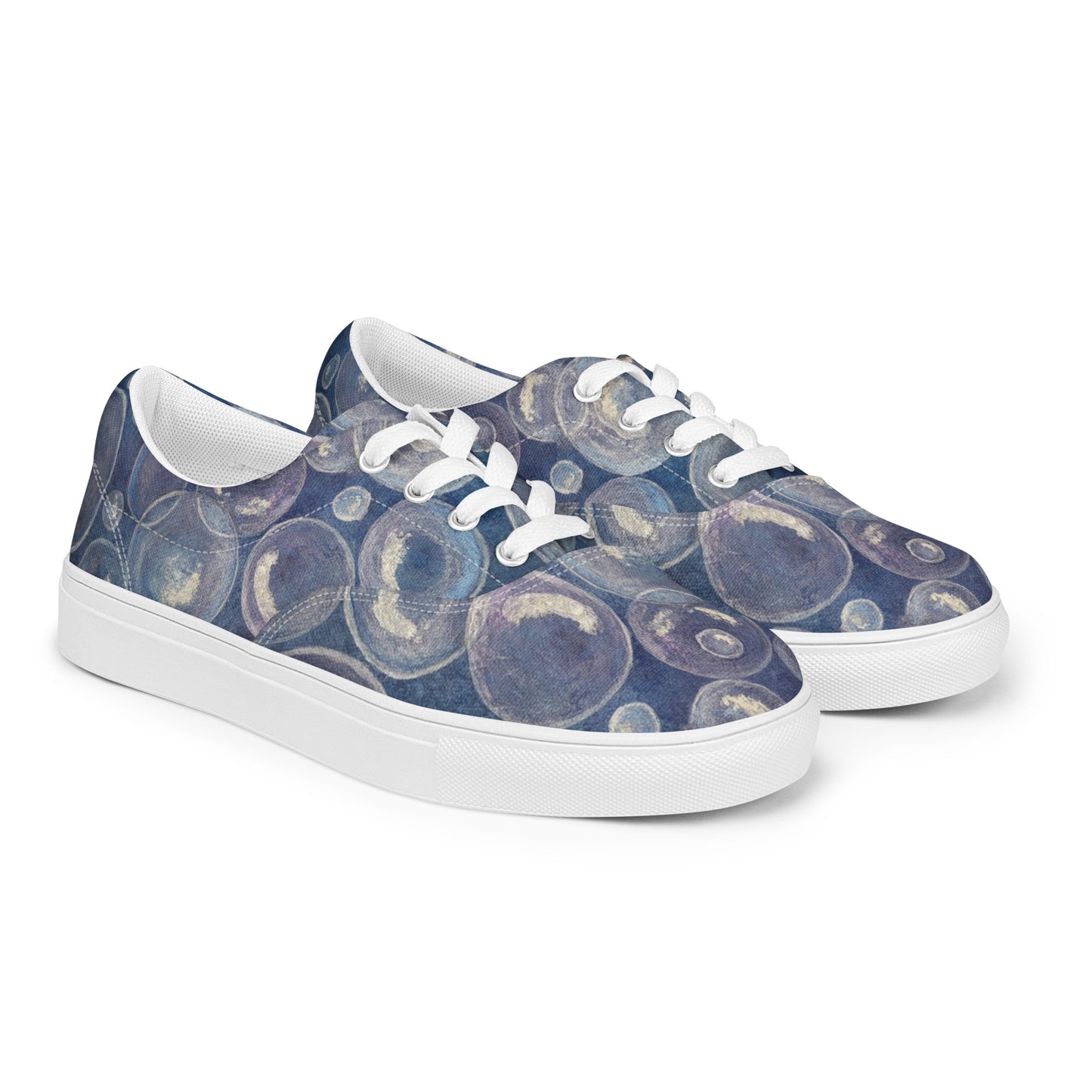 Women’s Lace-up Canvas Shoes - Tranquil Reflections: Blue and White Reflective Bubble Design Sneakers