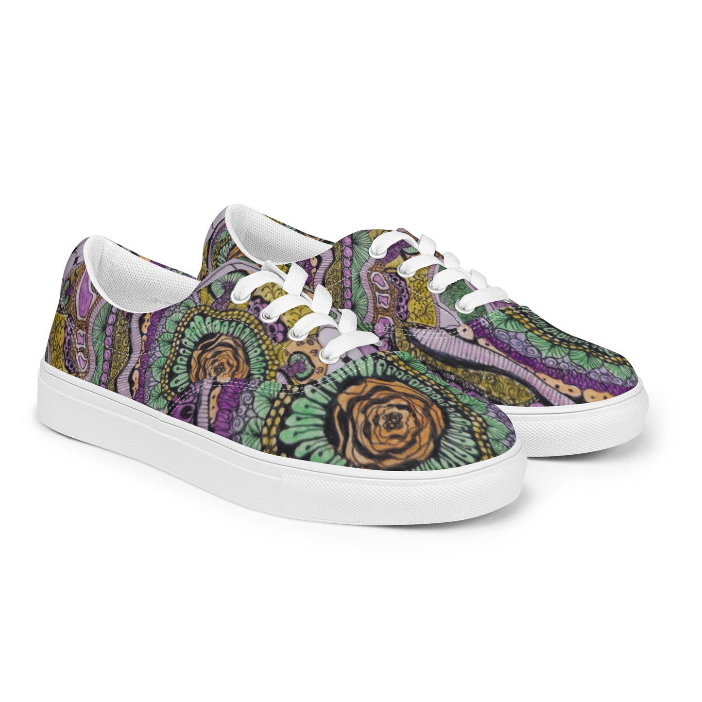 Women’s Lace-up Canvas Shoes - Zen Floral Bliss, Colorful Zentangle Artwork