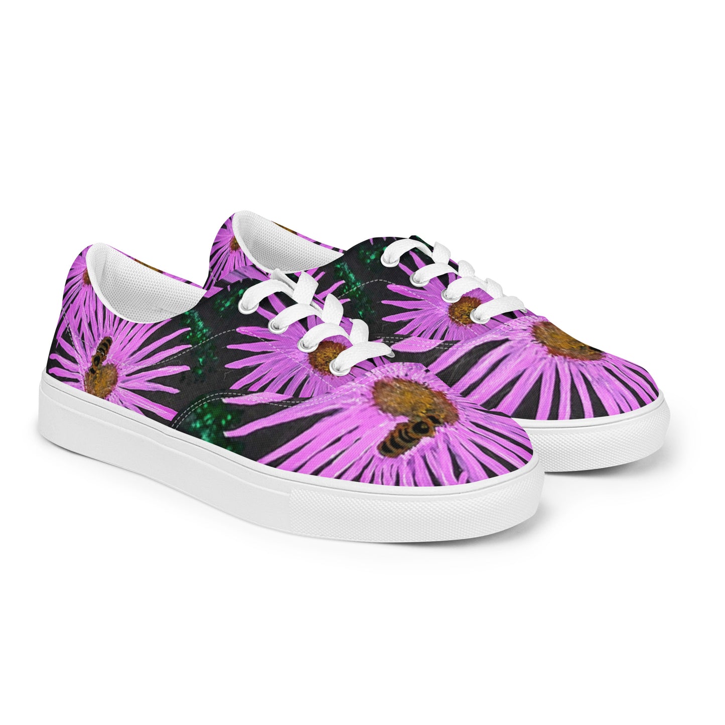 Women’s lace-up Canvas Shoes - Purple Aster Flowers with Bee Artwork, Floral Art