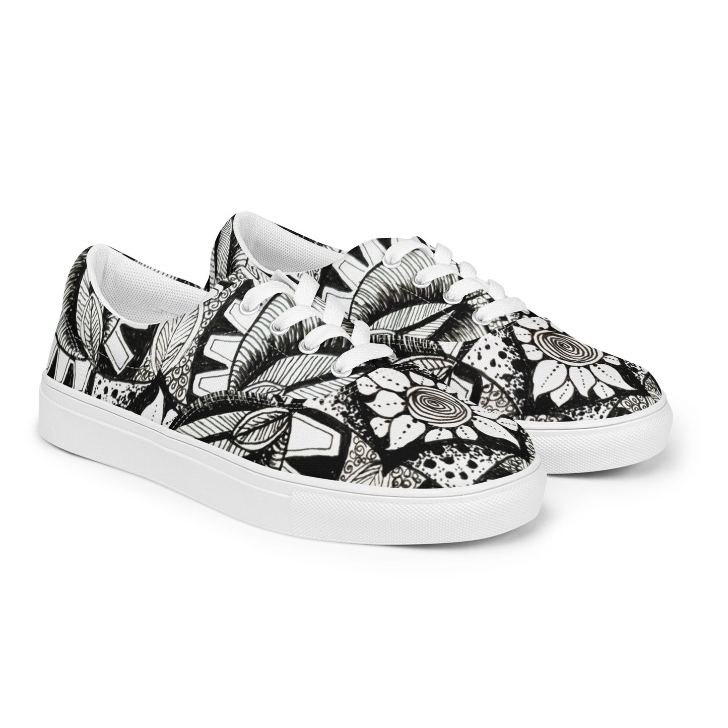 Women’s lace-up Canvas Shoes - Zen-Dala - Monochrome Zentangle Artwork Design