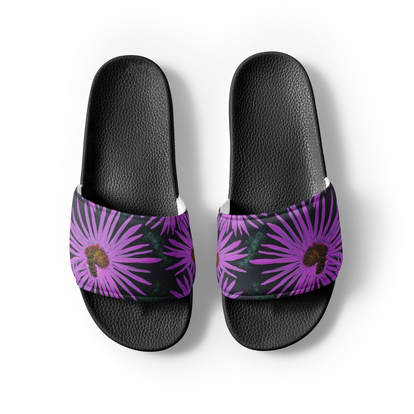 Women's Slides - Purple Aster Flowers with Bee - Colorful Floral Artwork Design Sandals, Wearable Art Shoes