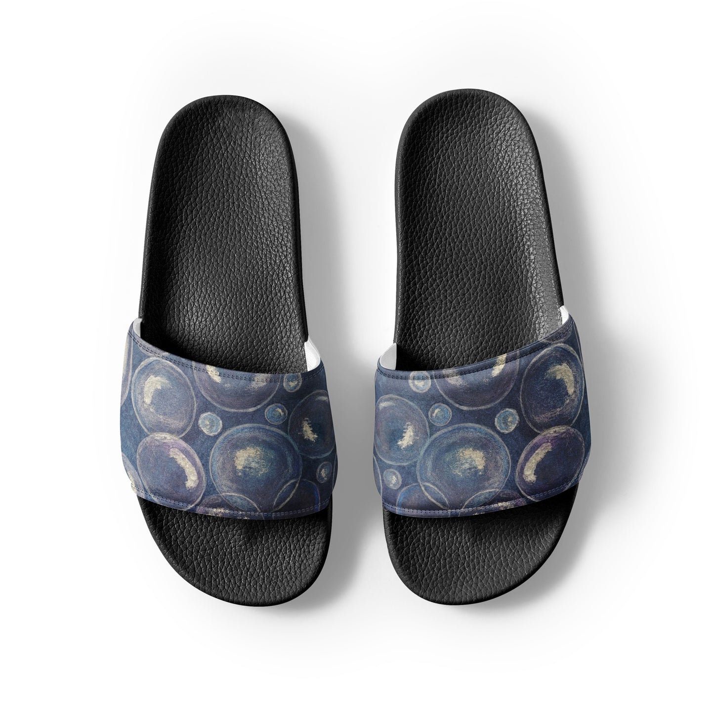 Women's Slides - Tranquil Reflections - Colorful Blue and White Bubble Artwork Design Sandals, Wearable Art Shoes