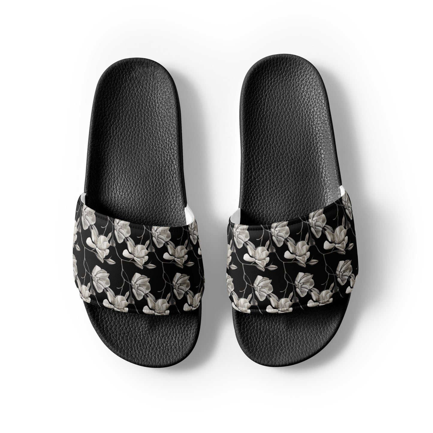 Women's Slides - Midnight Magnolias - Monochrome Black and White Floral Artwork Design Sandals, Wearable Art Shoes