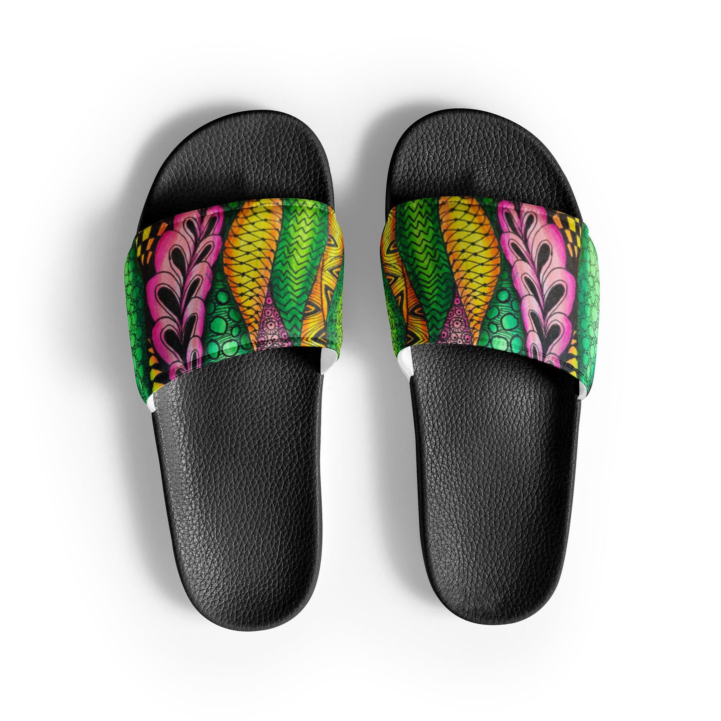 Women's Slides - Zen Bloom - Colorful Zentangle Artwork Design Sandals, Wearable Art Shoes