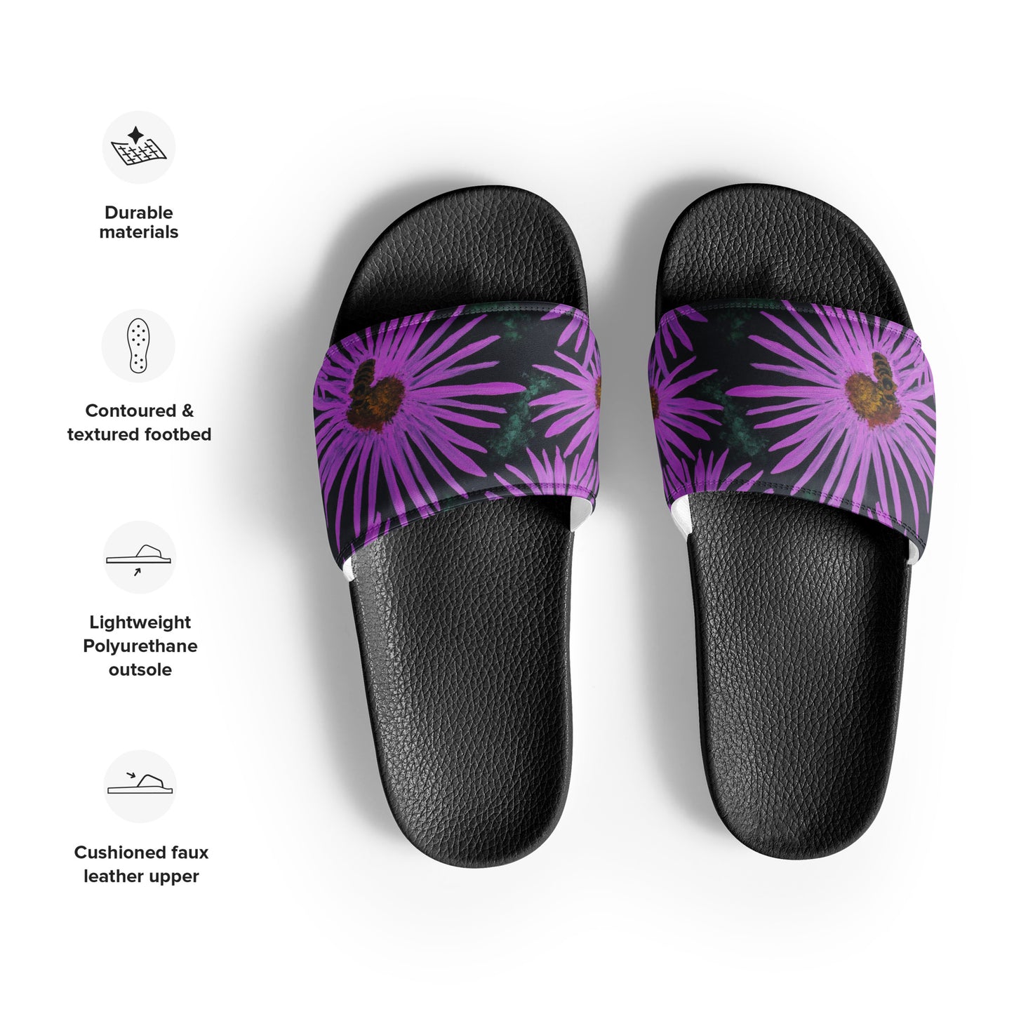 Women's Slides - Purple Aster Flowers with Bee - Colorful Floral Artwork Design Sandals, Wearable Art Shoes