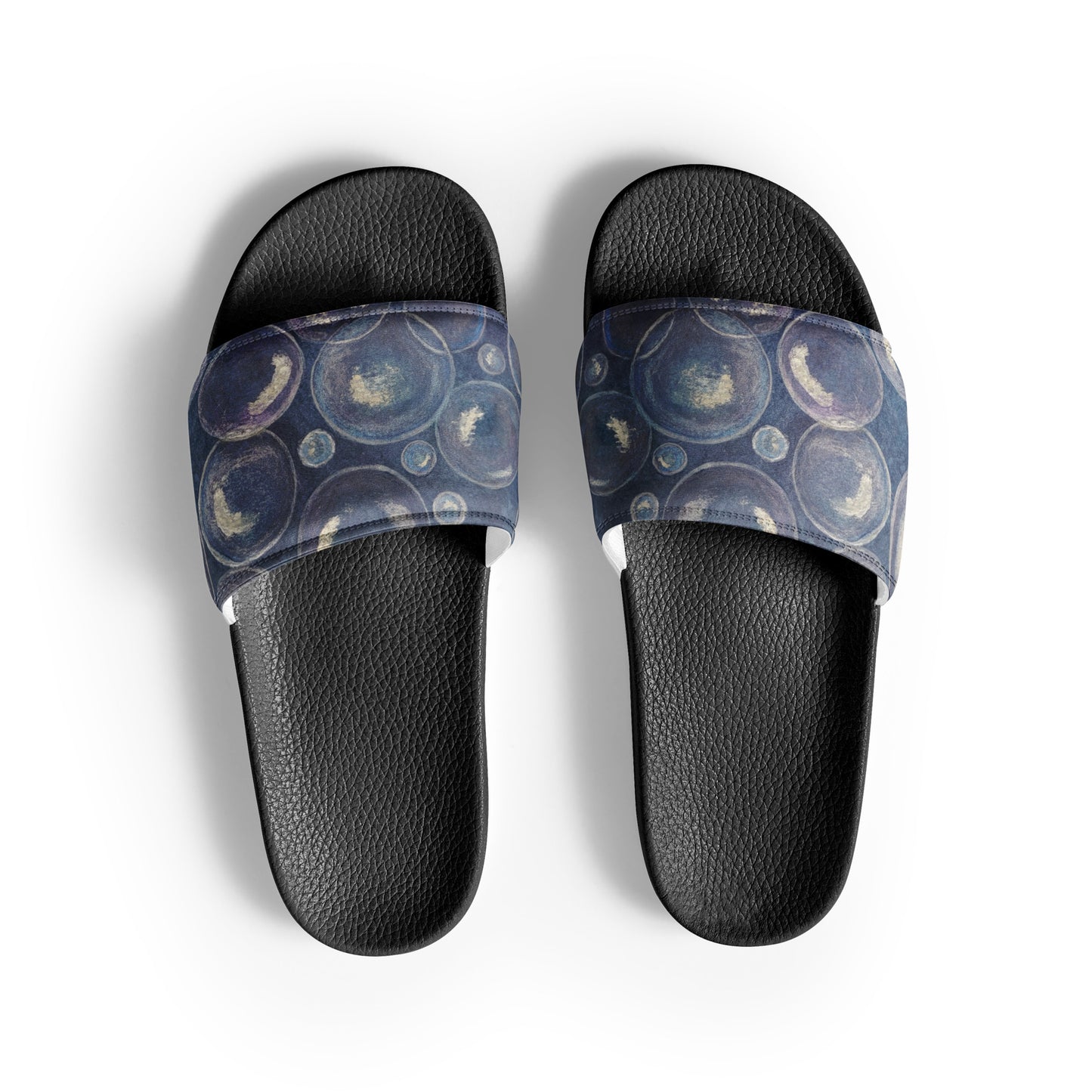 Women's Slides - Tranquil Reflections - Colorful Blue and White Bubble Artwork Design Sandals, Wearable Art Shoes