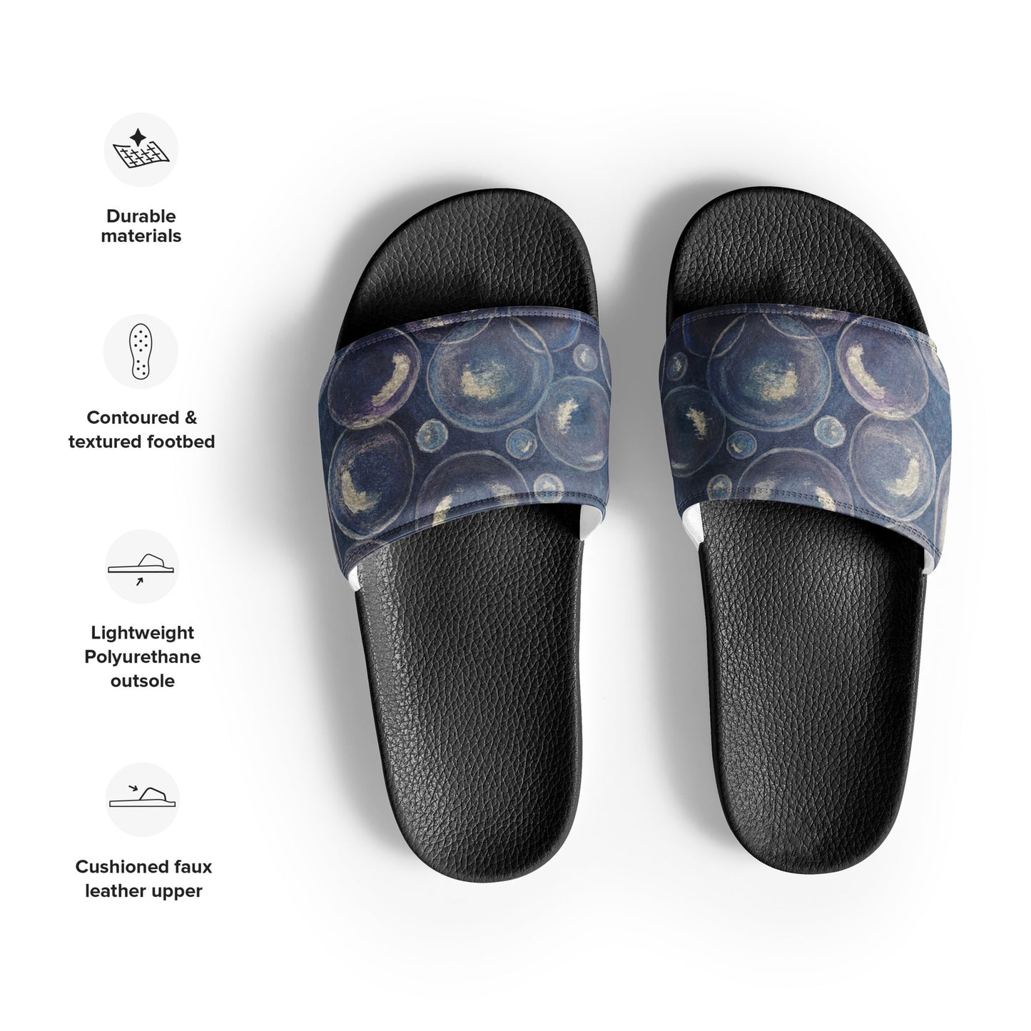 Women's Slides - Tranquil Reflections - Colorful Blue and White Bubble Artwork Design Sandals, Wearable Art Shoes