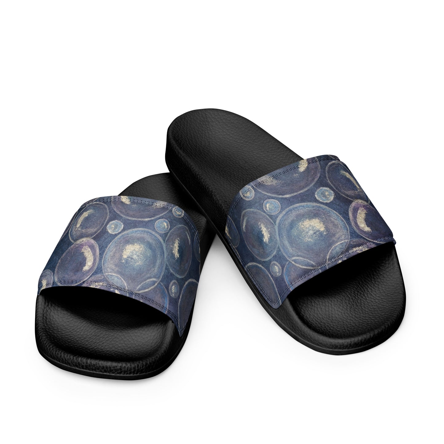 Women's Slides - Tranquil Reflections - Colorful Blue and White Bubble Artwork Design Sandals, Wearable Art Shoes