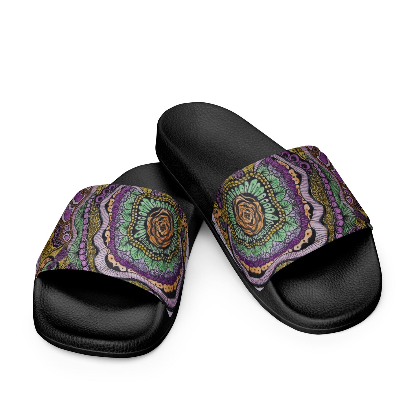 Women's Slides - Zen Floral Bliss - Colorful Zentangle Artwork Design Sandals, Wearable Art Shoes