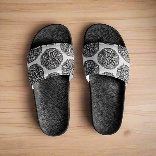 Women's Slides - Zen-Dala - Monochrome Mandala Zentangle Artwork Design Sandals, Wearable Art Shoes