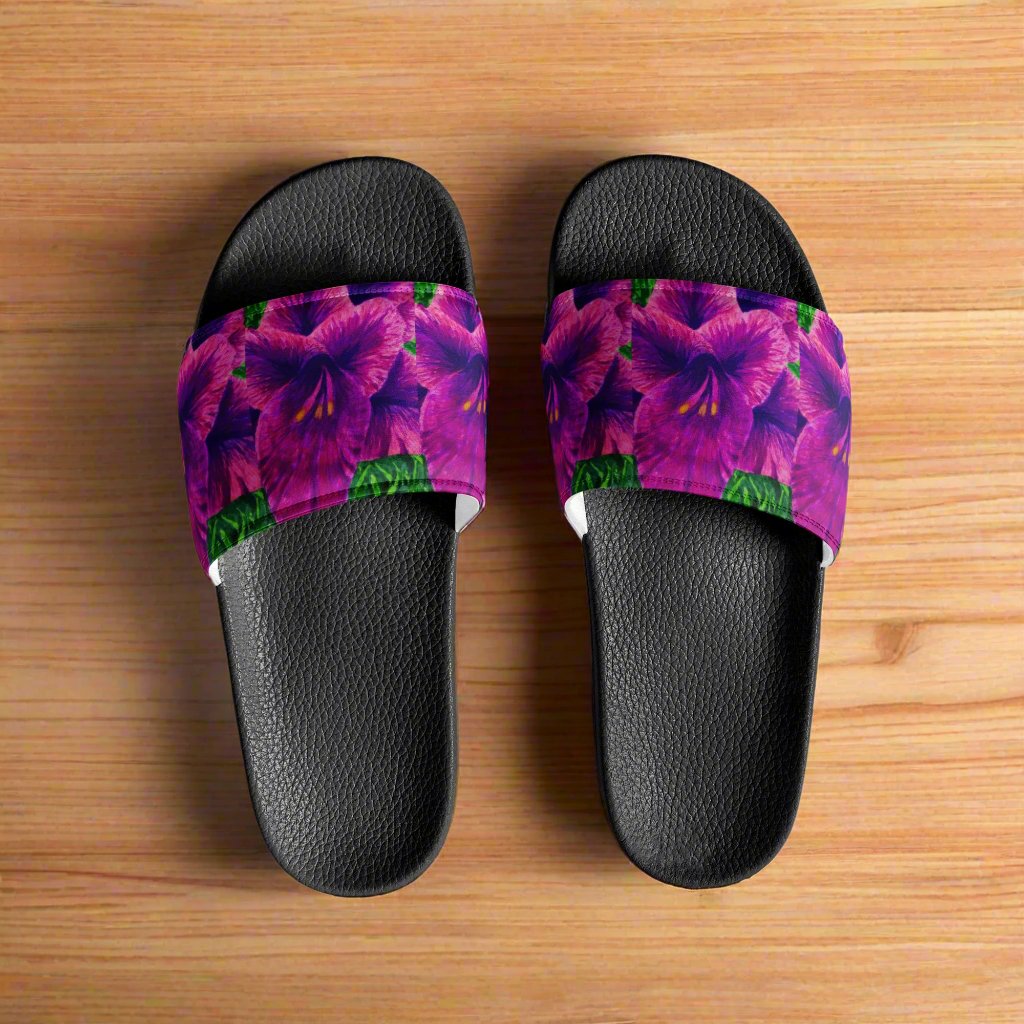 Women's Slides - Royal Reverie - Purple Gladiola - Colorful Floral Artwork Design Sandals, Wearable Art Shoes