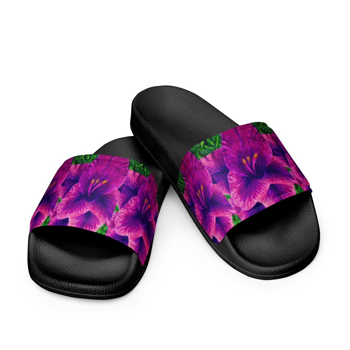 Women's Slides - Royal Reverie - Purple Gladiola - Colorful Floral Artwork Design Sandals, Wearable Art Shoes