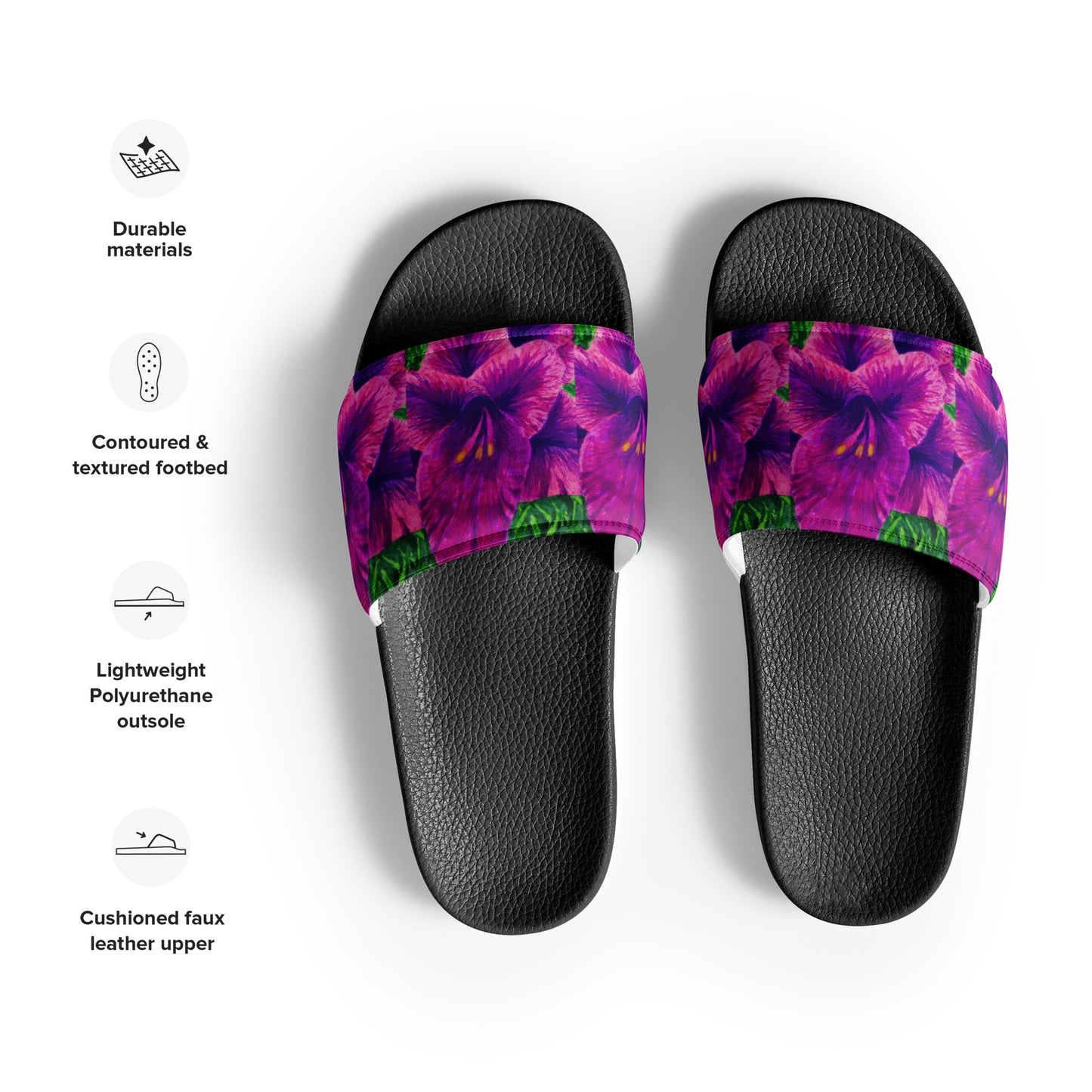 Women's Slides - Royal Reverie - Purple Gladiola - Colorful Floral Artwork Design Sandals, Wearable Art Shoes