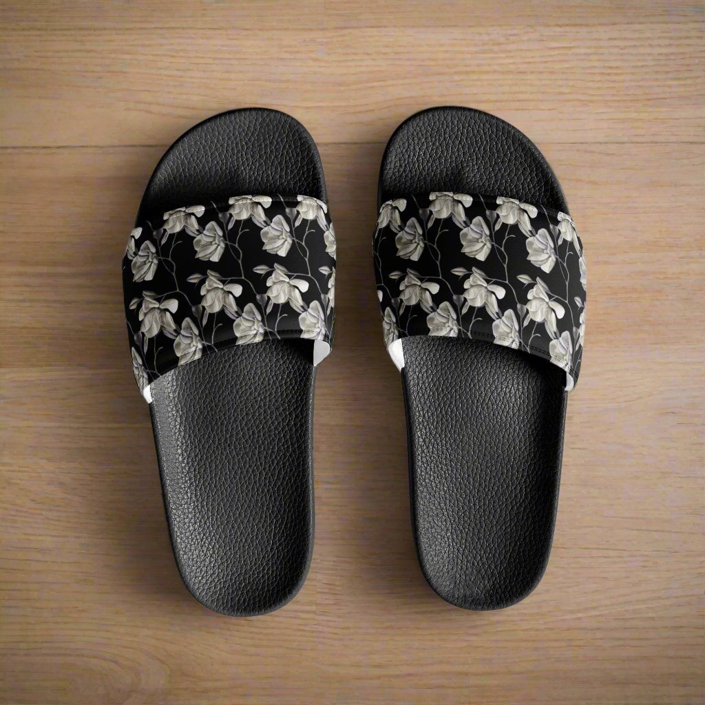 Women's Slides - Midnight Magnolias - Monochrome Black and White Floral Artwork Design Sandals, Wearable Art Shoes