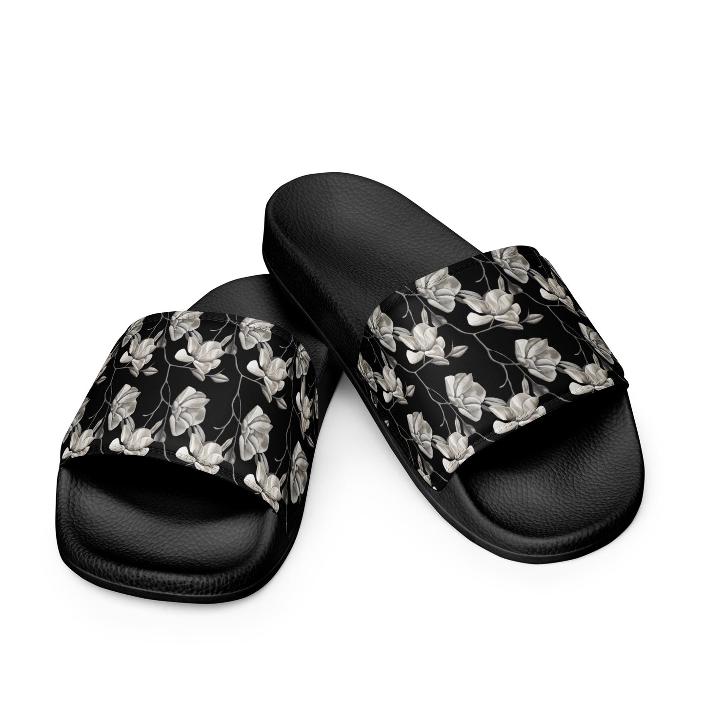 Women's Slides - Midnight Magnolias - Monochrome Black and White Floral Artwork Design Sandals, Wearable Art Shoes