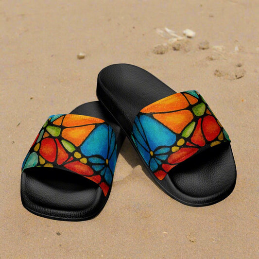 Women's Slides - Petals in Motion - Colorful Abstract Artwork Design Sandals, Wearable Art Shoes