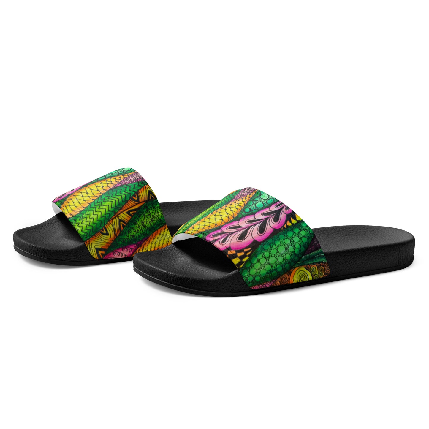 Women's Slides - Zen Bloom - Colorful Zentangle Artwork Design Sandals, Wearable Art Shoes