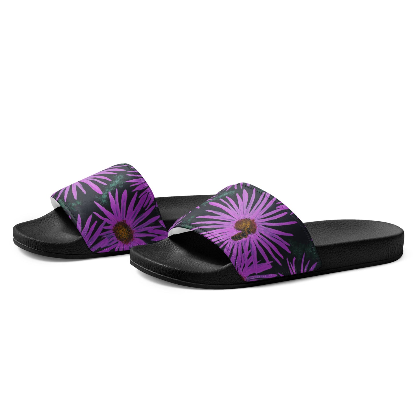 Women's Slides - Purple Aster Flowers with Bee - Colorful Floral Artwork Design Sandals, Wearable Art Shoes