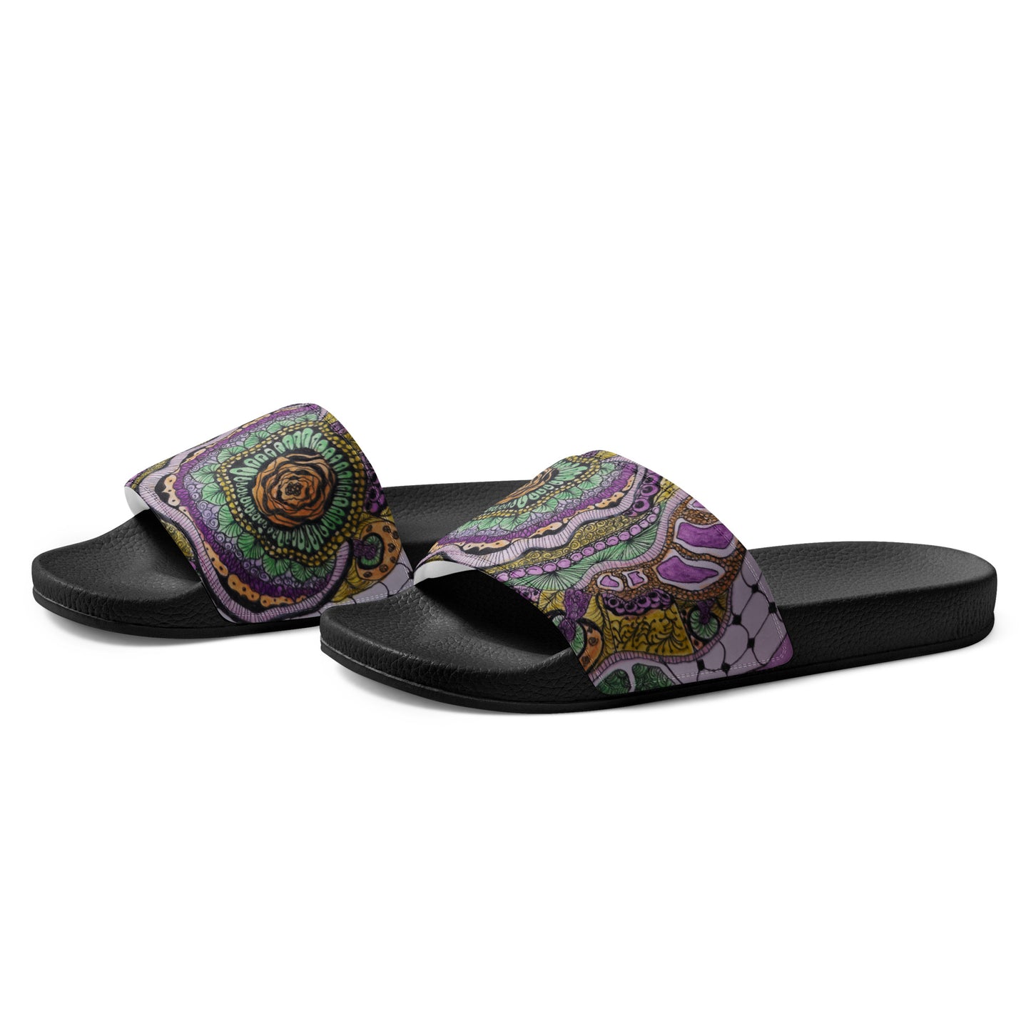 Women's Slides - Zen Floral Bliss - Colorful Zentangle Artwork Design Sandals, Wearable Art Shoes