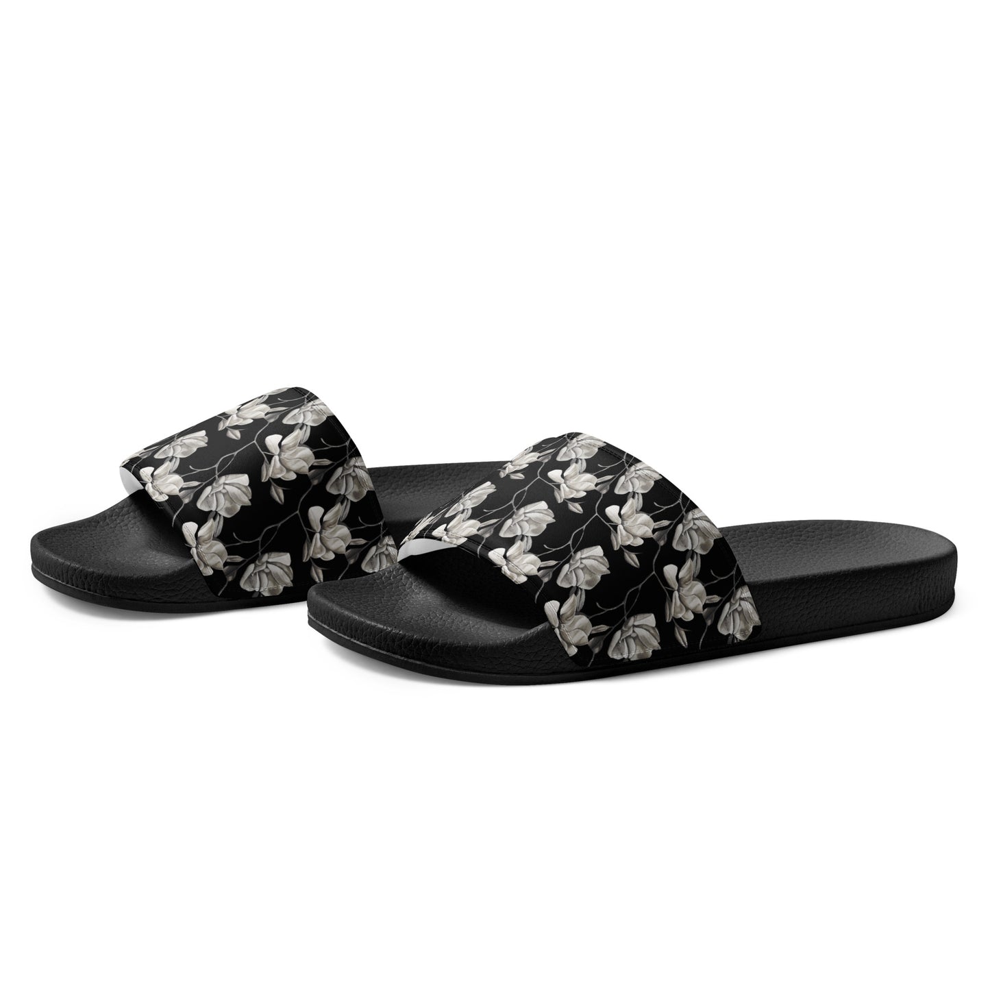 Women's Slides - Midnight Magnolias - Monochrome Black and White Floral Artwork Design Sandals, Wearable Art Shoes