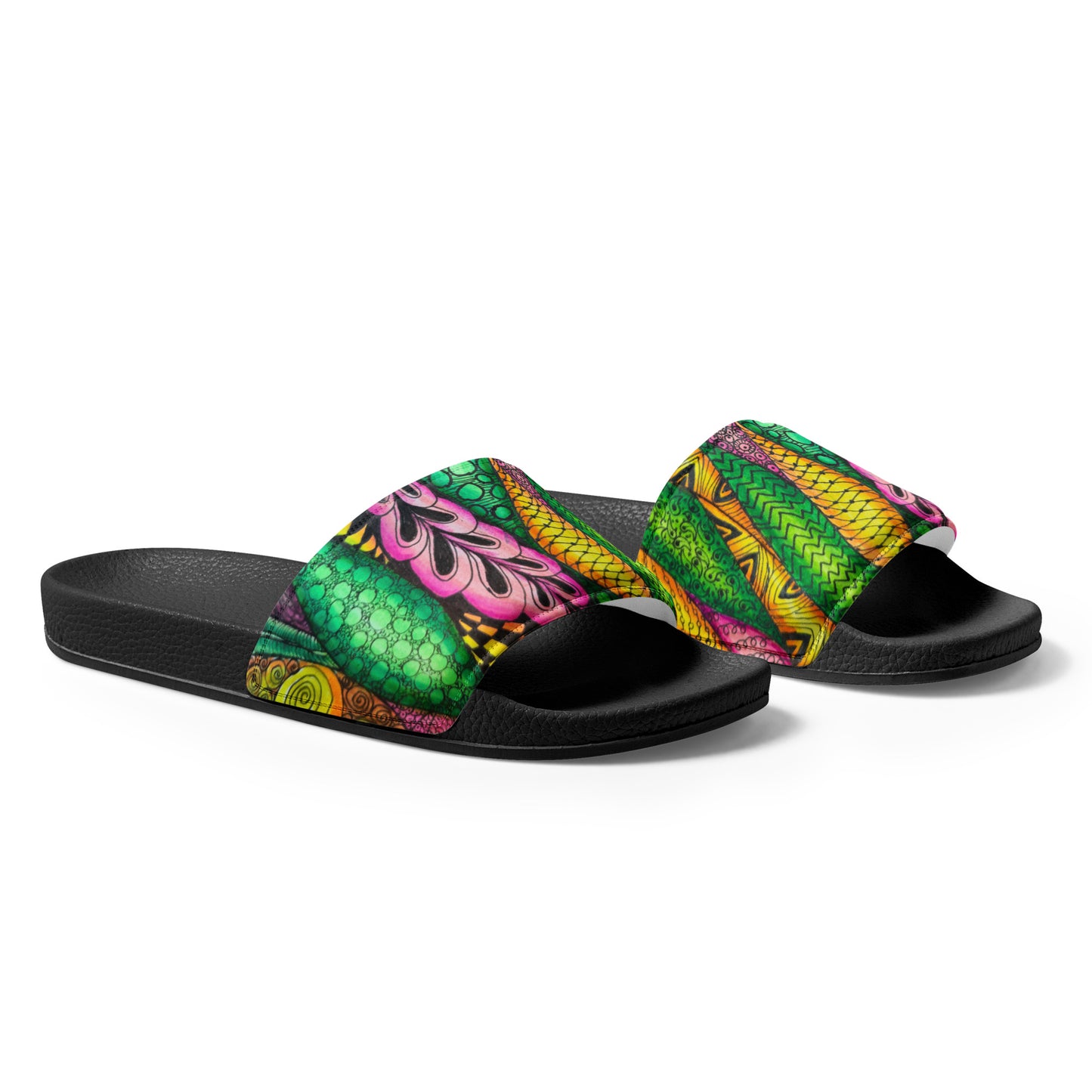 Women's Slides - Zen Bloom - Colorful Zentangle Artwork Design Sandals, Wearable Art Shoes