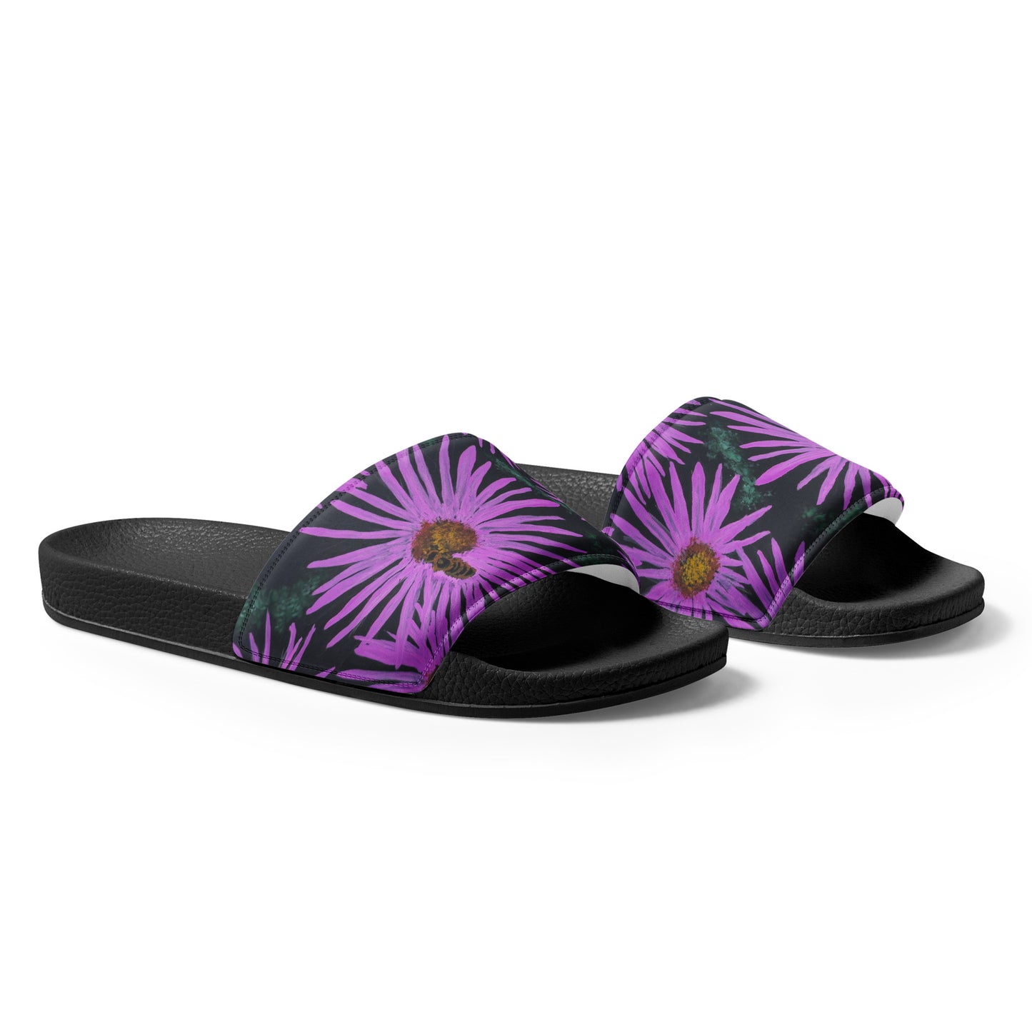 Women's Slides - Purple Aster Flowers with Bee - Colorful Floral Artwork Design Sandals, Wearable Art Shoes