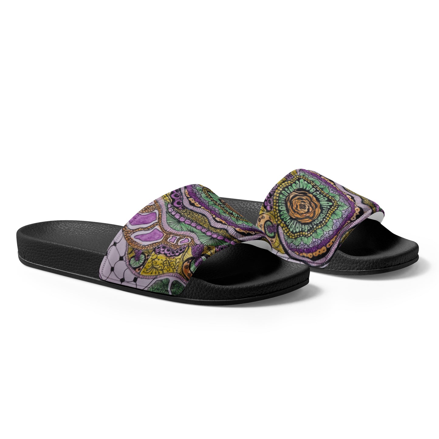 Women's Slides - Zen Floral Bliss - Colorful Zentangle Artwork Design Sandals, Wearable Art Shoes