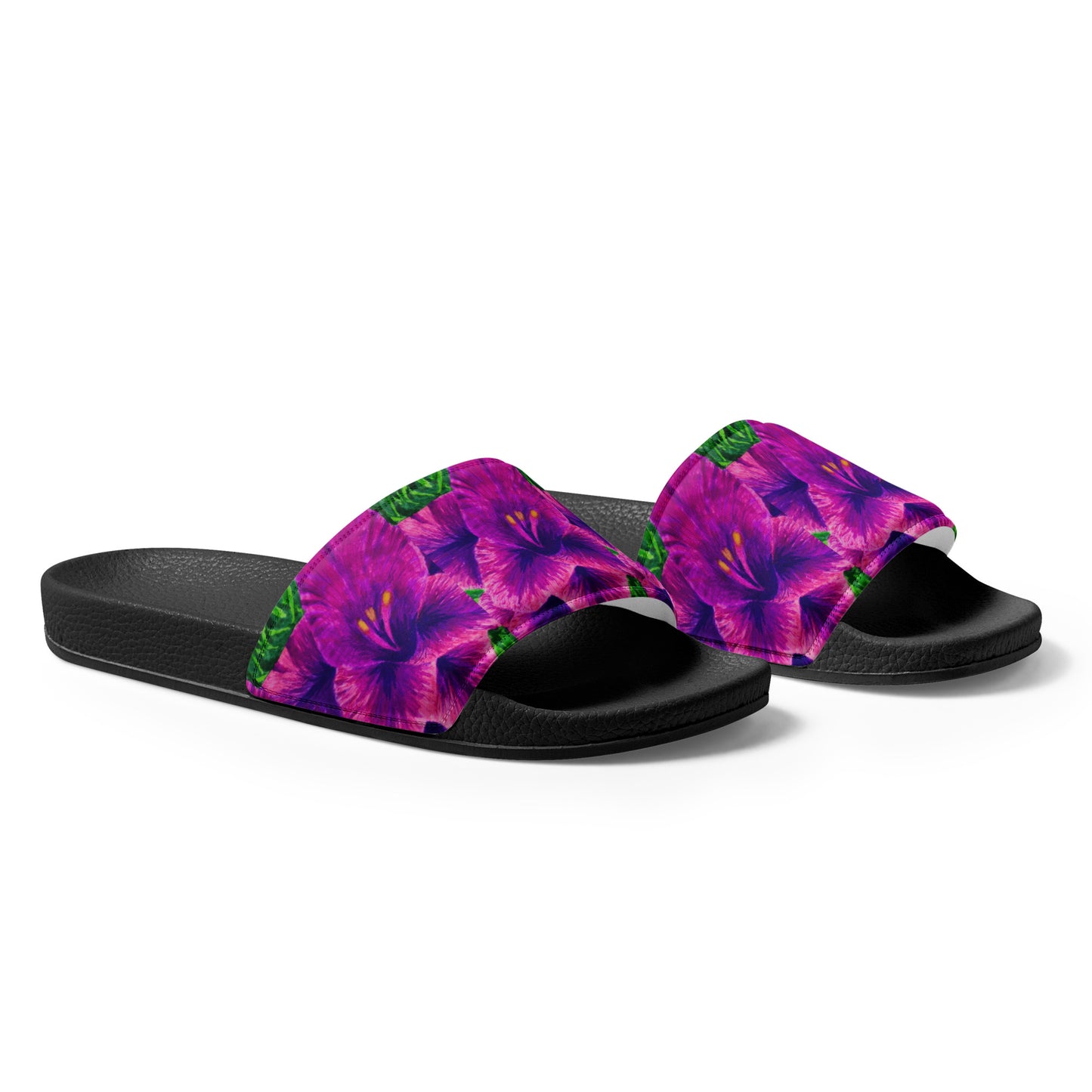 Women's Slides - Royal Reverie - Purple Gladiola - Colorful Floral Artwork Design Sandals, Wearable Art Shoes