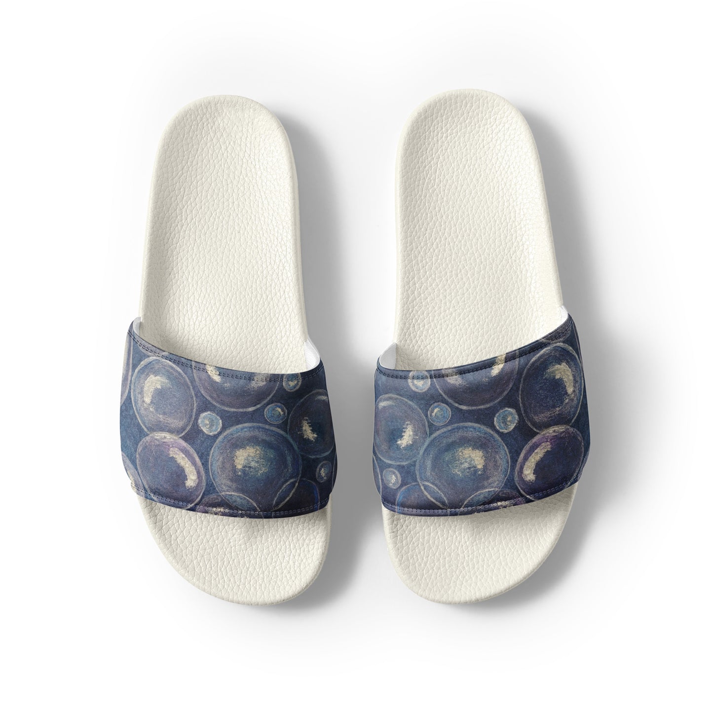 Women's Slides - Tranquil Reflections - Colorful Blue and White Bubble Artwork Design Sandals, Wearable Art Shoes