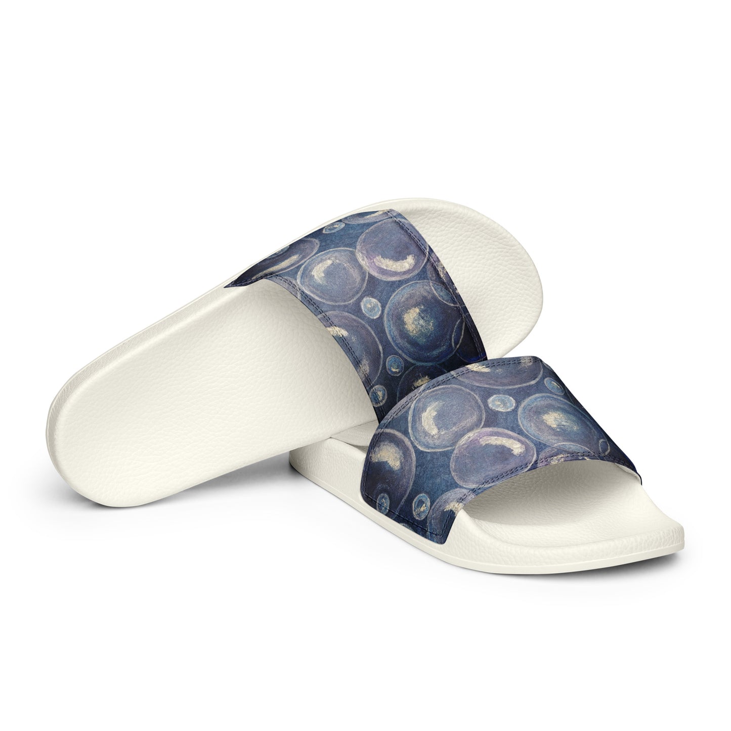 Women's Slides - Tranquil Reflections - Colorful Blue and White Bubble Artwork Design Sandals, Wearable Art Shoes