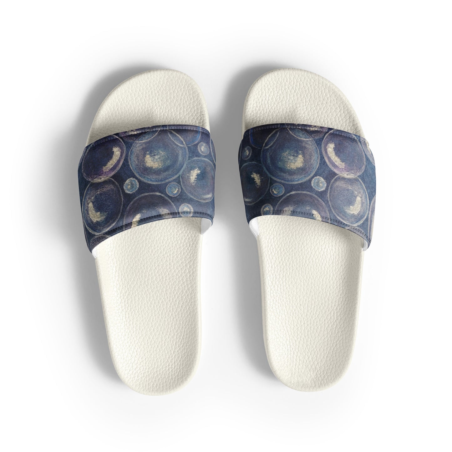 Women's Slides - Tranquil Reflections - Colorful Blue and White Bubble Artwork Design Sandals, Wearable Art Shoes