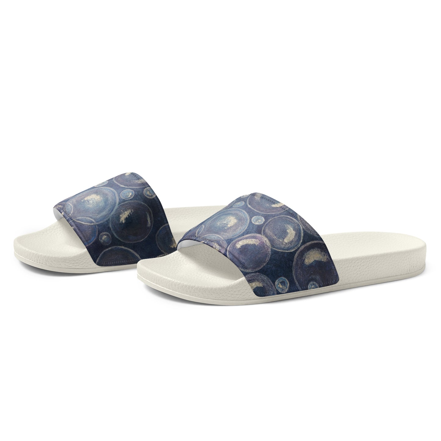 Women's Slides - Tranquil Reflections - Colorful Blue and White Bubble Artwork Design Sandals, Wearable Art Shoes