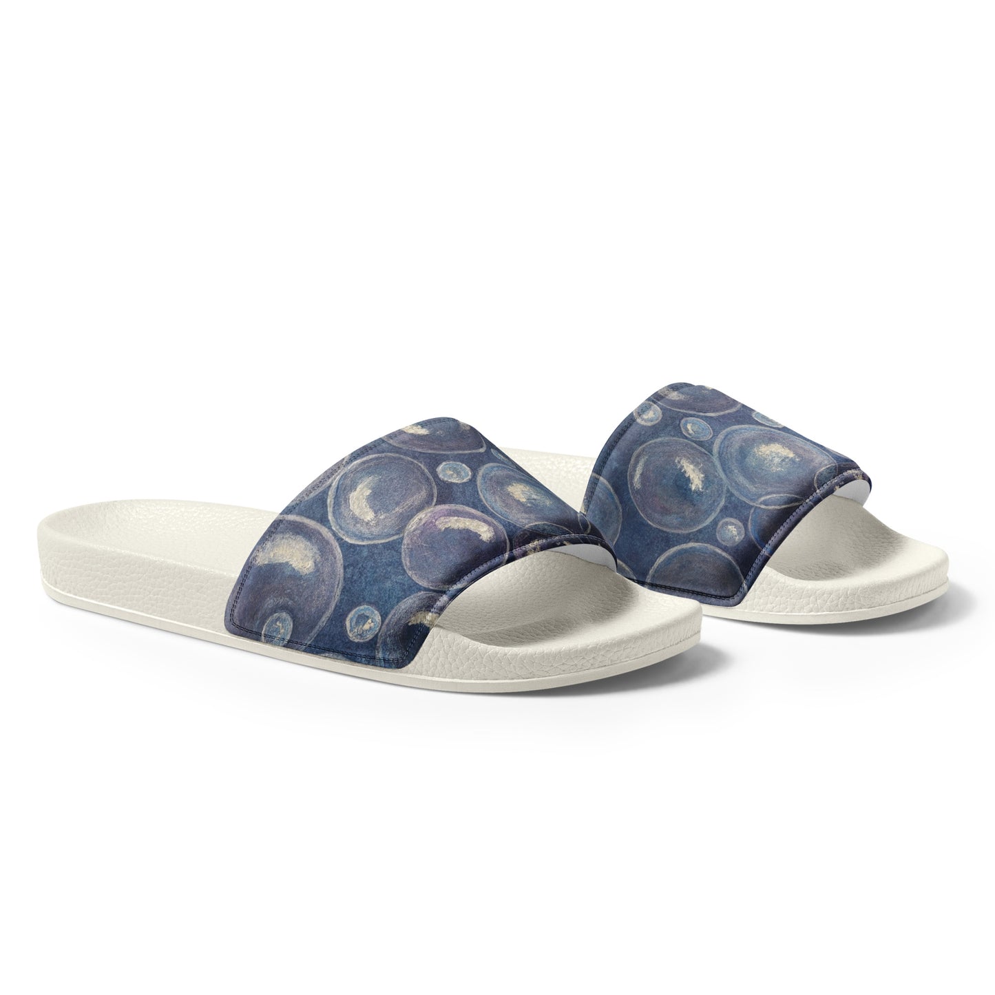 Women's Slides - Tranquil Reflections - Colorful Blue and White Bubble Artwork Design Sandals, Wearable Art Shoes