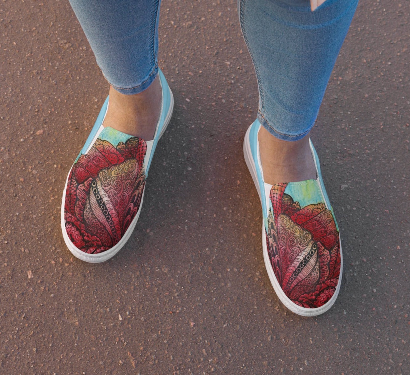 Women’s Slip-on Canvas Shoes: Zen Floral Harmony Intricate Zen-Tangle Flower Art