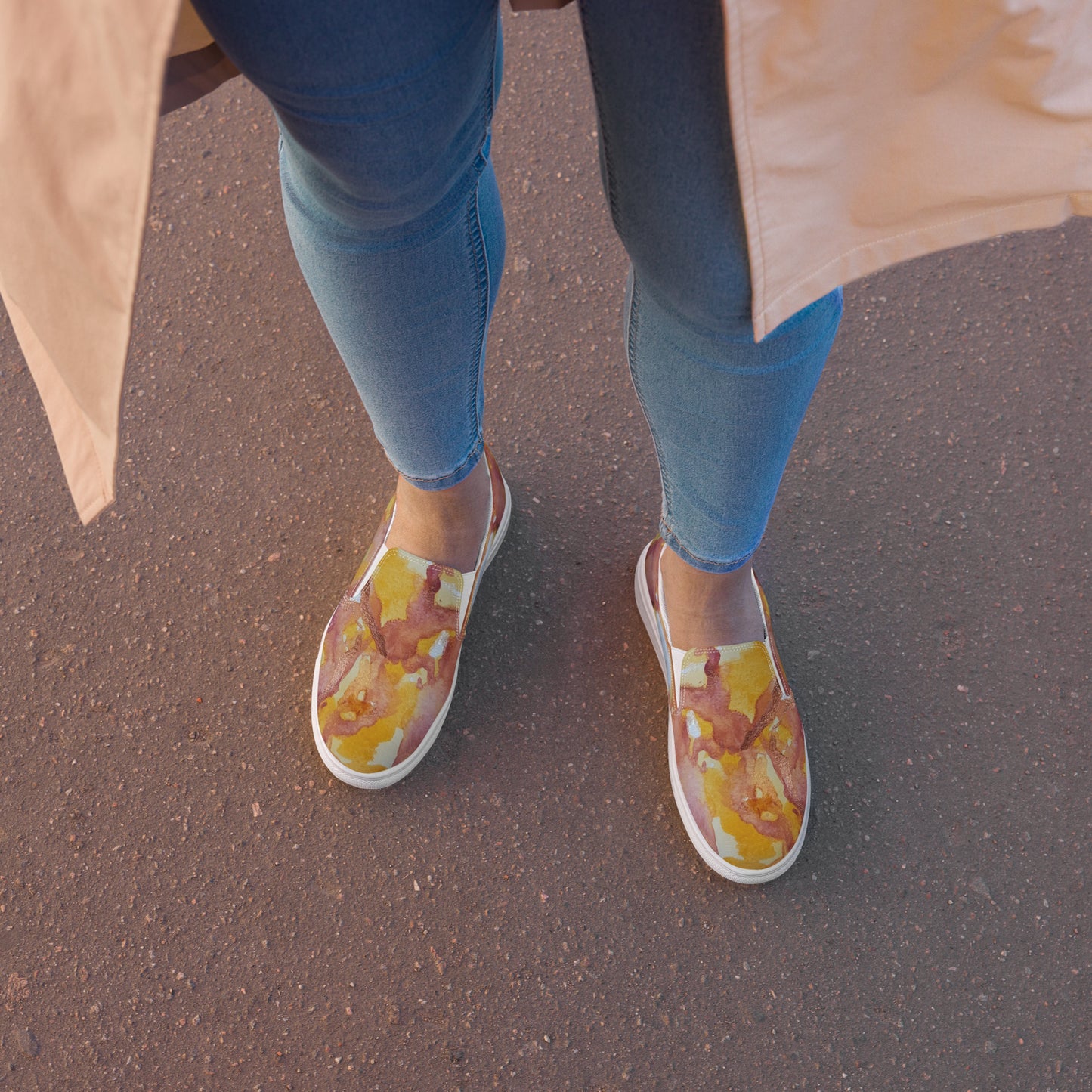 Women’s Slip-on Canvas Shoes - Sunset Veil: A Dance of Red and White Artwork Design