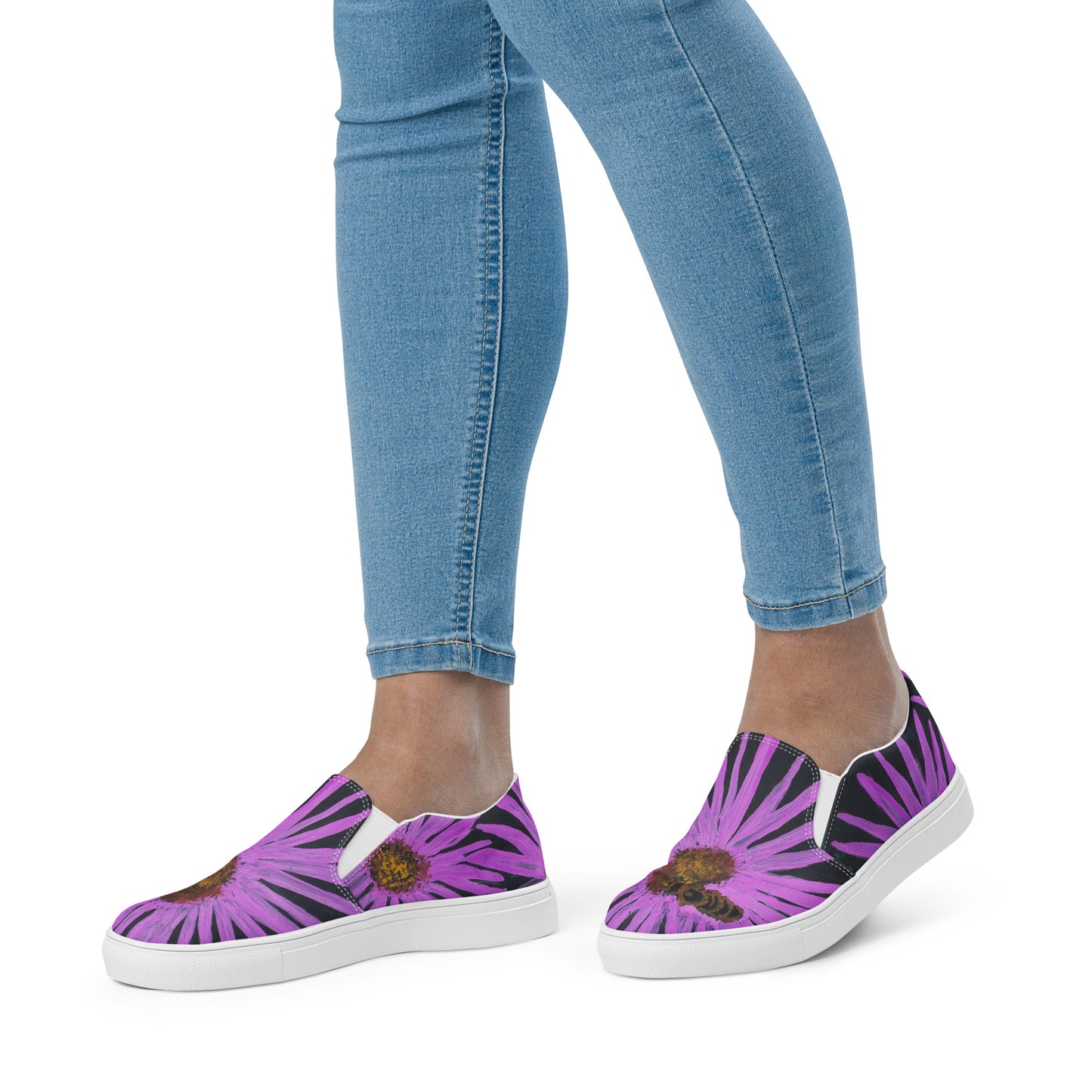 Women’s Slip-on Canvas Shoes - Purple Aster Flowers with Bee Artwork Design